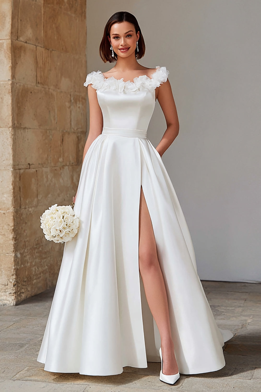 Ivory Ball Gown Satin Boat Neck Long Wedding Dress with Slit