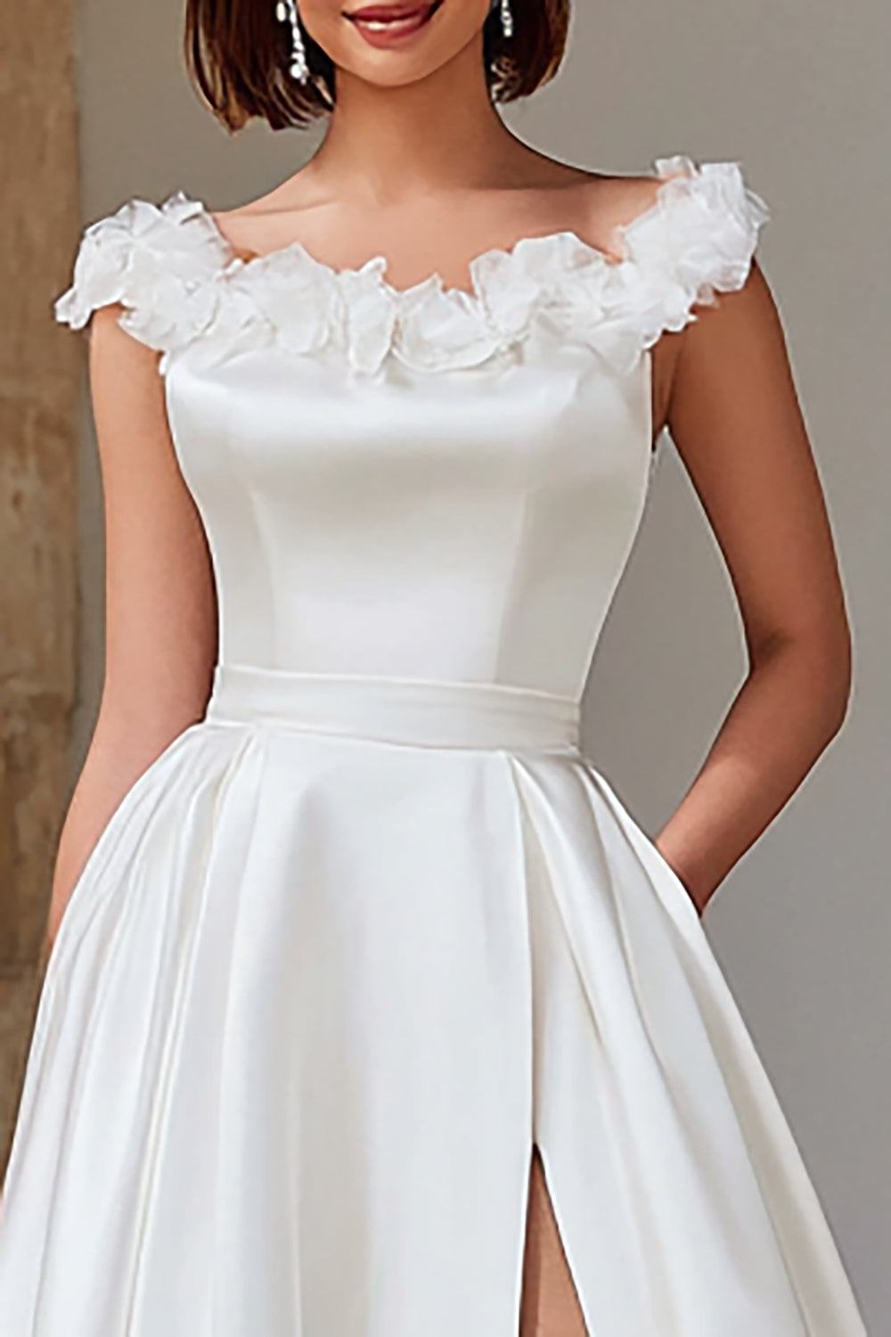 Ivory Ball Gown Satin Boat Neck Long Wedding Dress with Slit