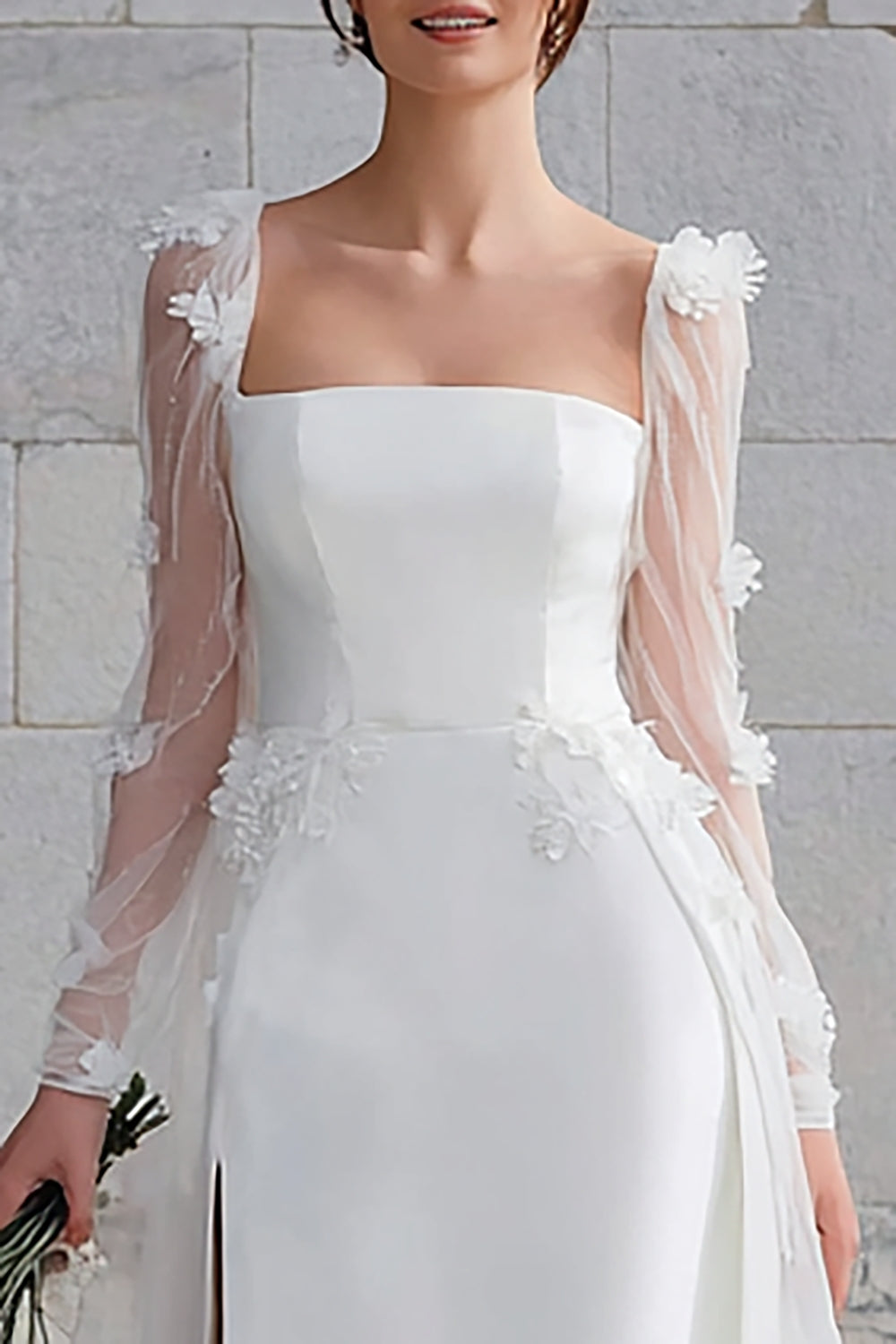 Ivory Ball Gown Square Neck Long Sleeves Sweep Train Wedding Dress with Appliques