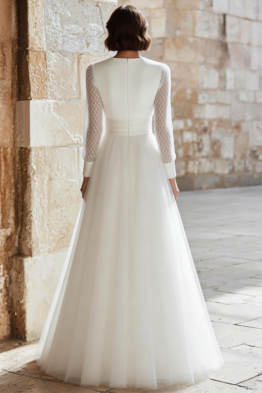 Ivory V-Neck Tulle A-Line Long Sleeves Rehearsal Dinner Dress