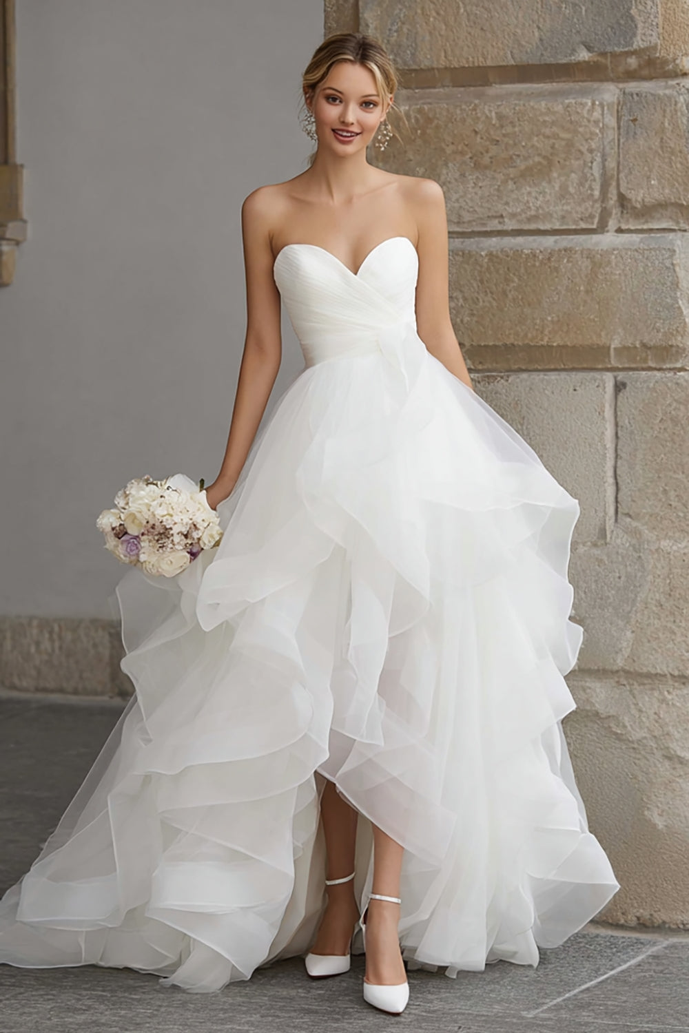 Ivory Organza A-Line Tiered Sweep Train Wedding Dress