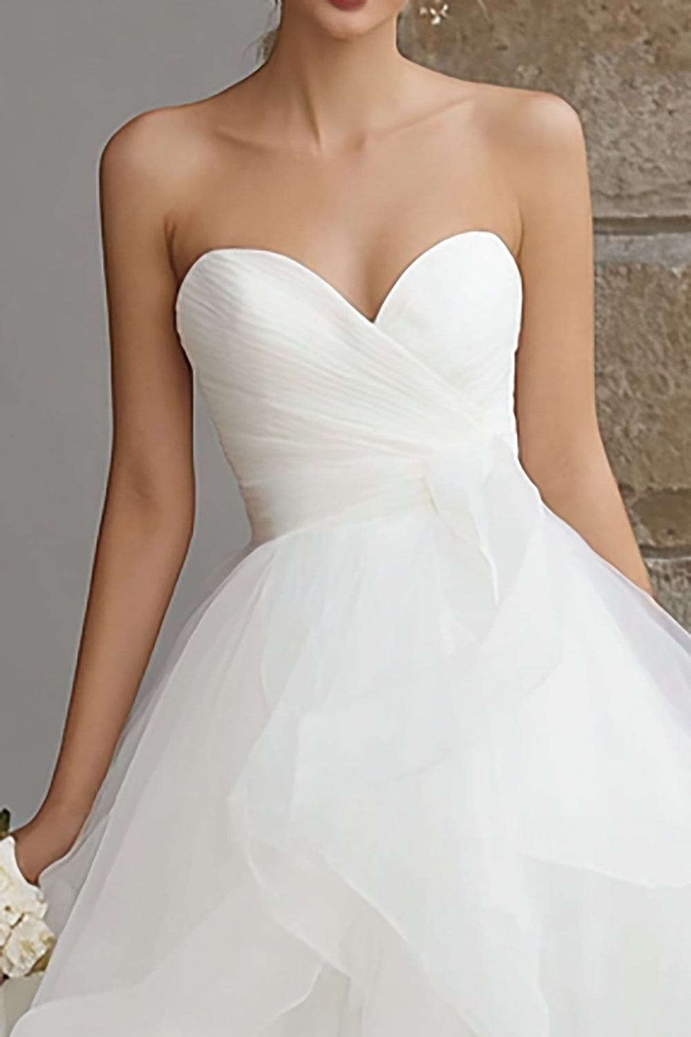 Ivory Organza A-Line Tiered Sweep Train Wedding Dress
