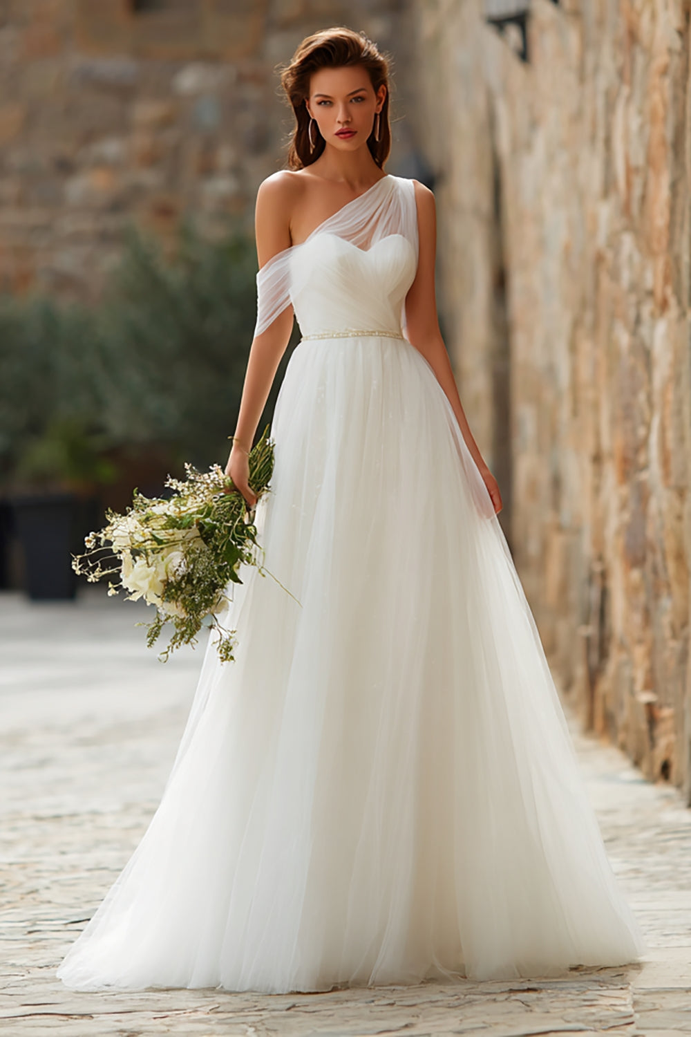 Ivory Ball Gown One Shoulder Tulle Floor Length Wedding Dress