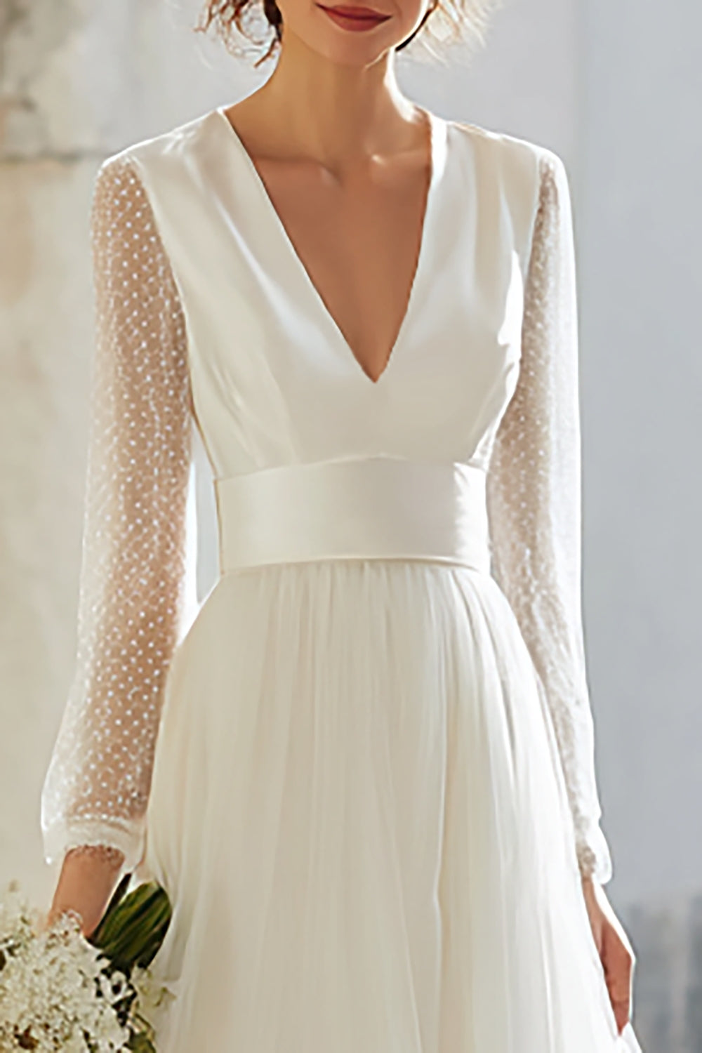 Ivory Tulle V-Neck A-Line Long Wedding Dress with Sleeves