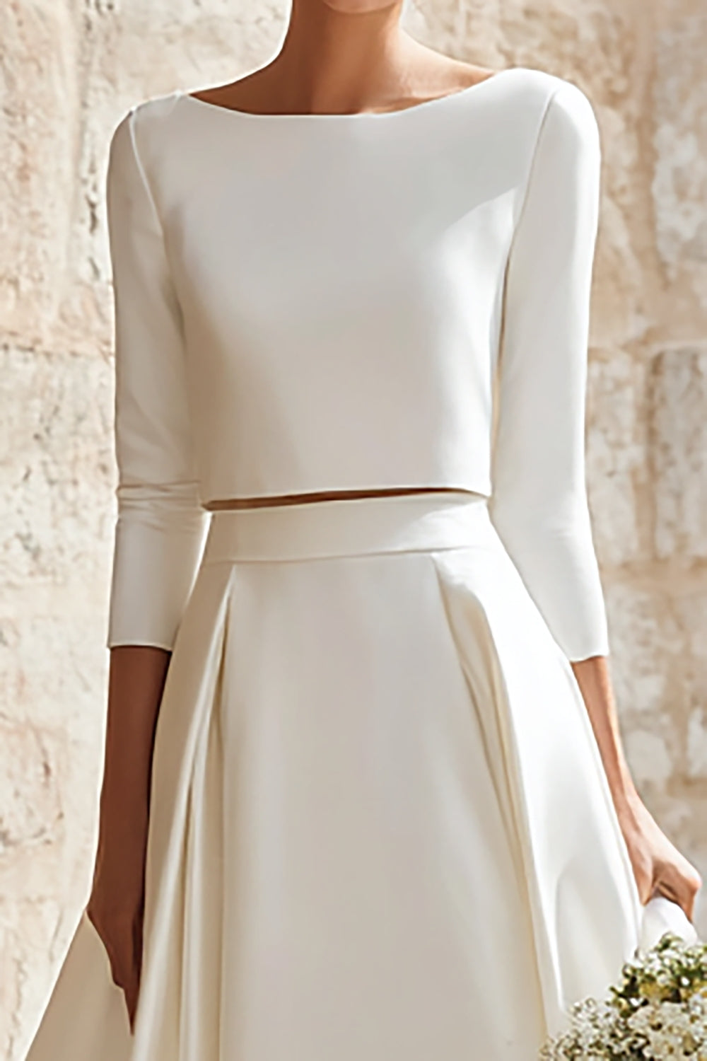 2 Piece Ivory Satin A-Line Long Wedding Dress with Sleeves