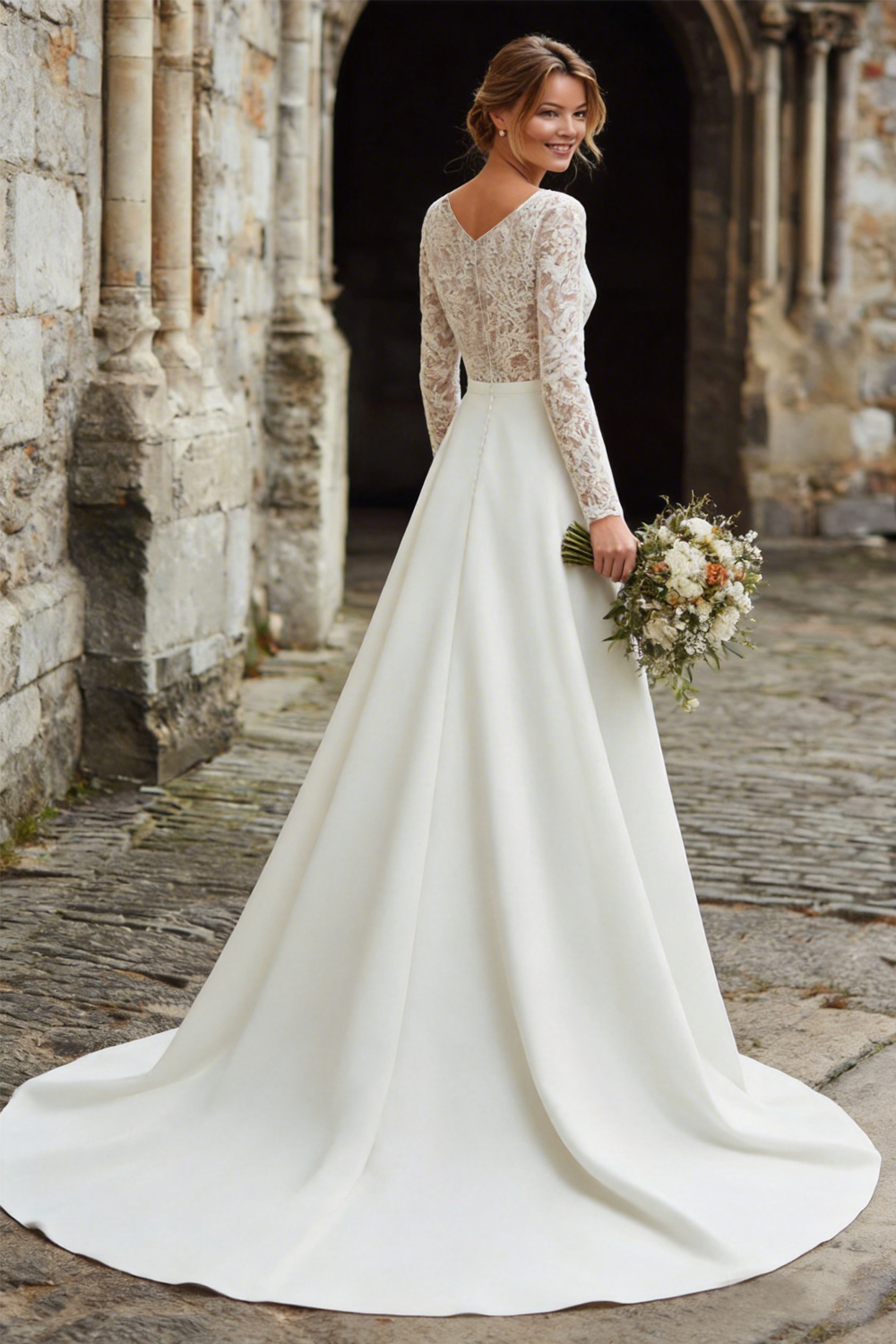 Ivory Satin Ball Gown V-Neck Long Sleeves Wedding Dress with Lace