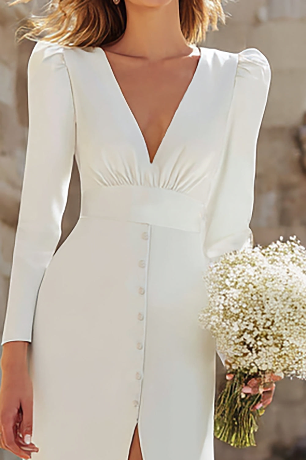 Ivory Sheath V-Neck Long Sleeves Rehearsal Dinner Dress with Slit