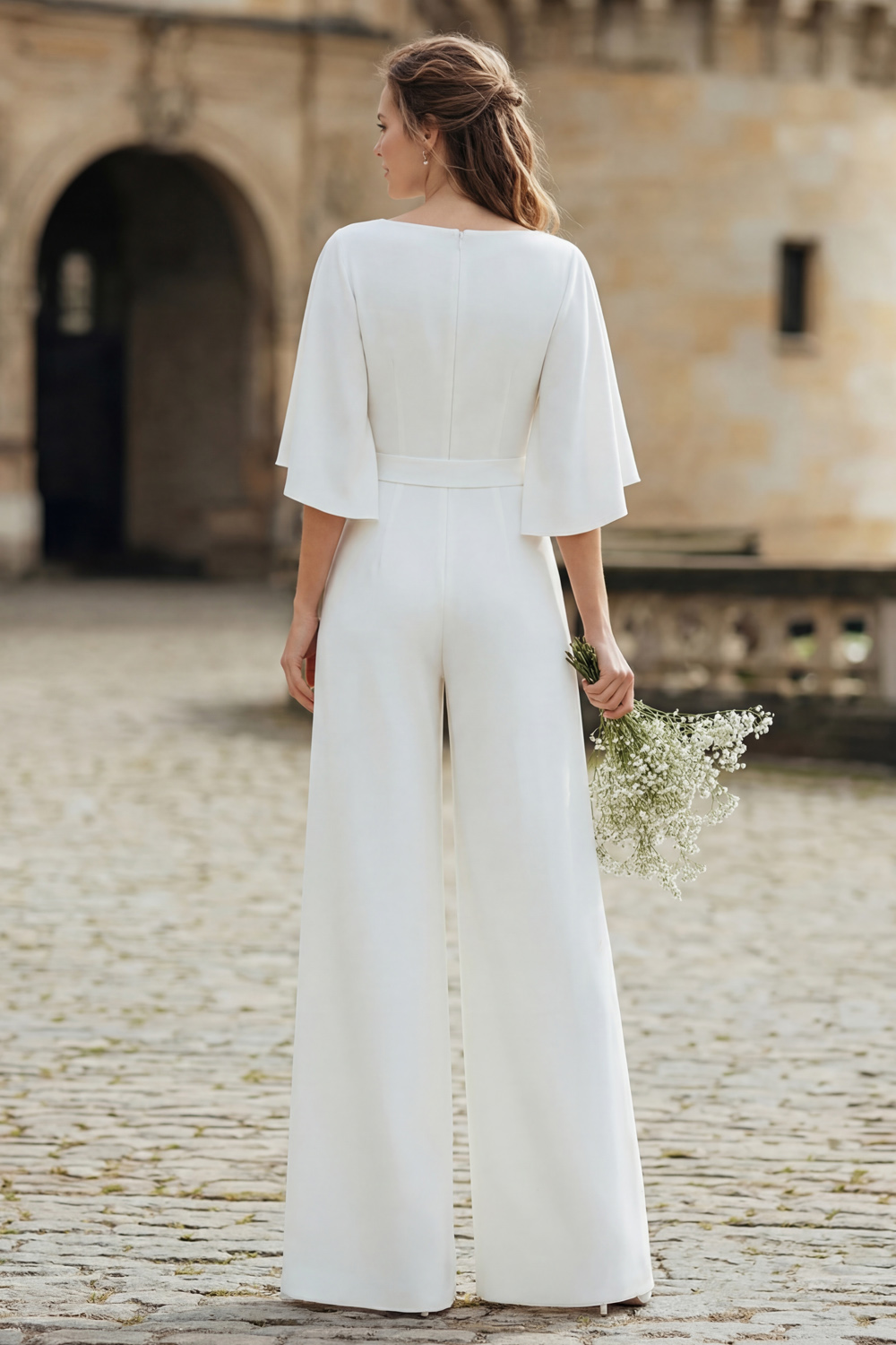 Ivory Half Sleeves V-Neck Wedding Jumpsuits with Pockets