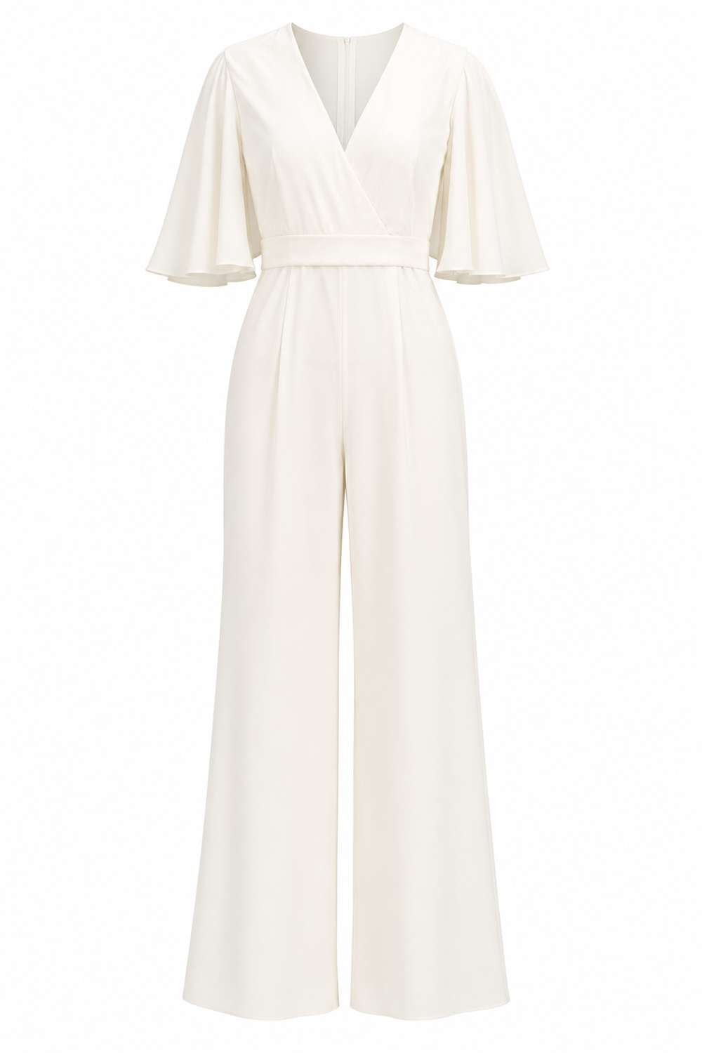 Ivory Half Sleeves V-Neck Wedding Jumpsuits with Pockets