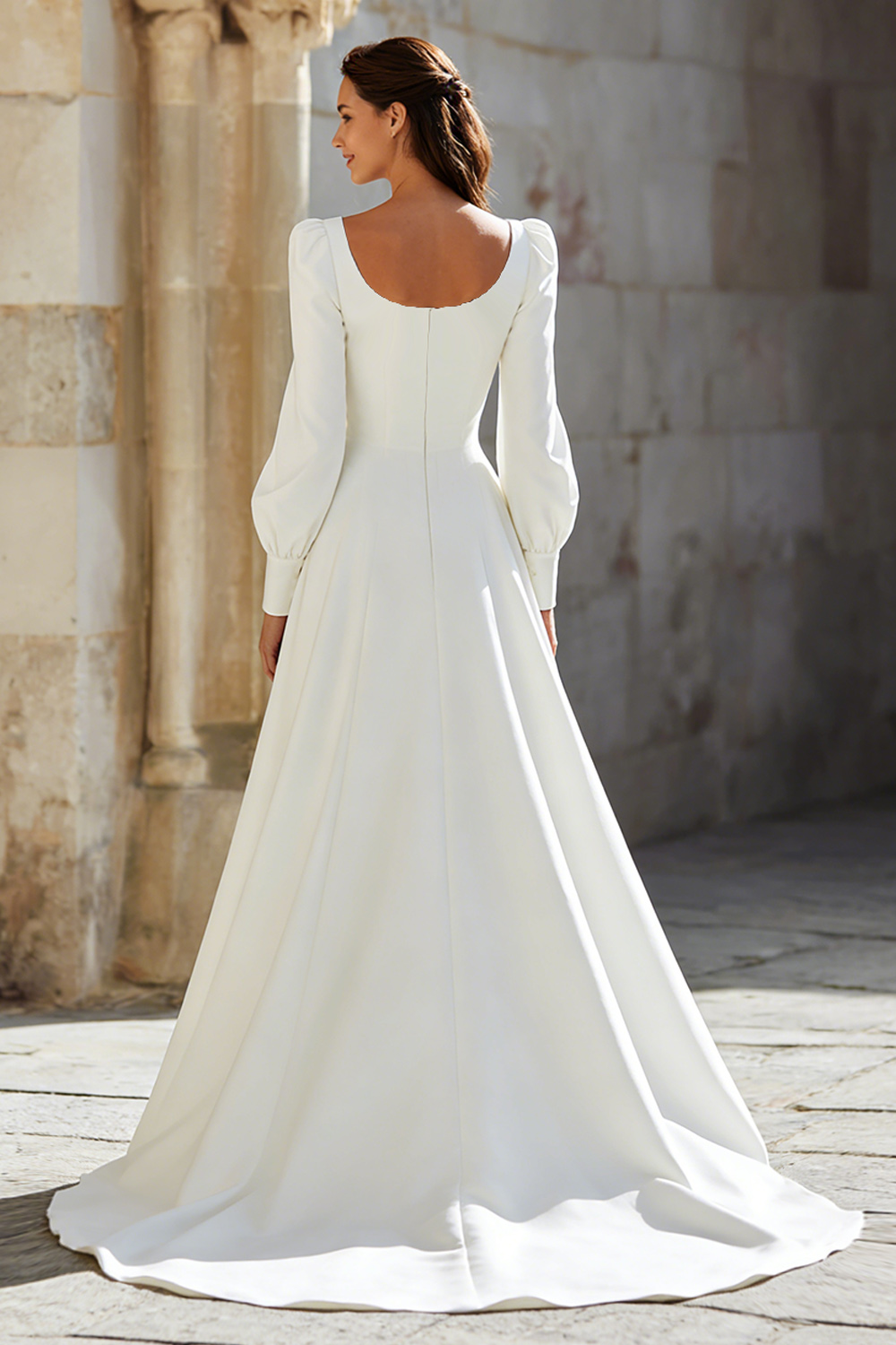 Ivory Square Neck A-Line Long Wedding Dress with Sleeves