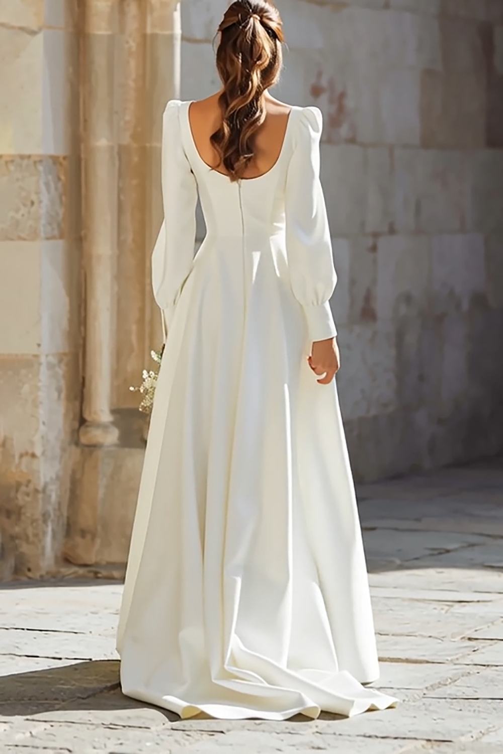 Ivory Square Neck A-Line Long Wedding Dress with Sleeves