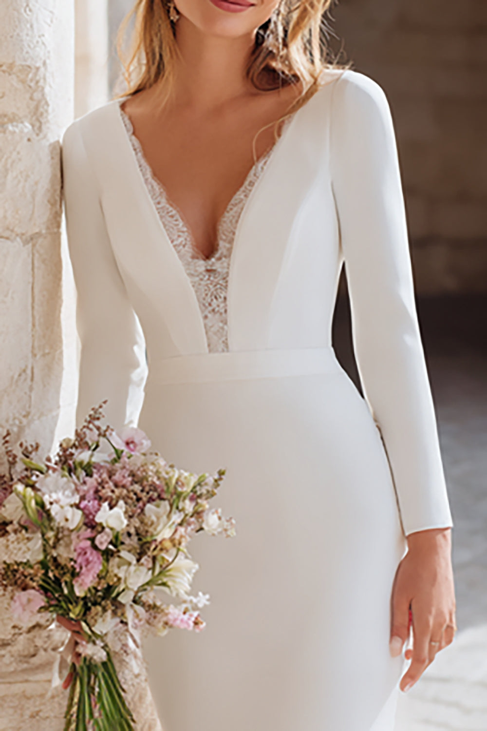 Ivory Mermaid V-Neck Long Sleeves Wedding Dress with Lace