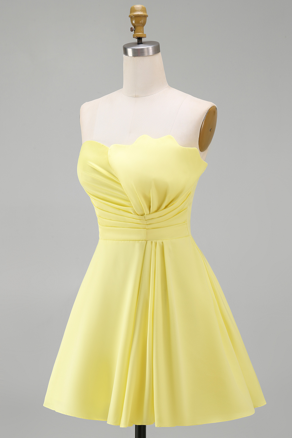 Yellow Strapless Satin Short A-Line Homecoming Dress with Ruffles