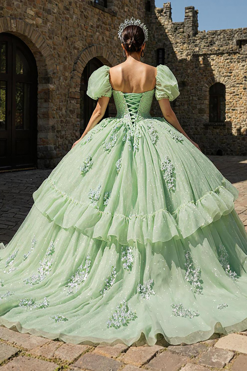 Light Green Tulle Appliqued Princess Ball Gown Quinceanera Dress with Sleeves