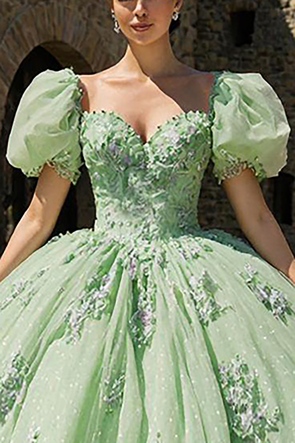 Light Green Tulle Appliqued Princess Ball Gown Quinceanera Dress with Sleeves