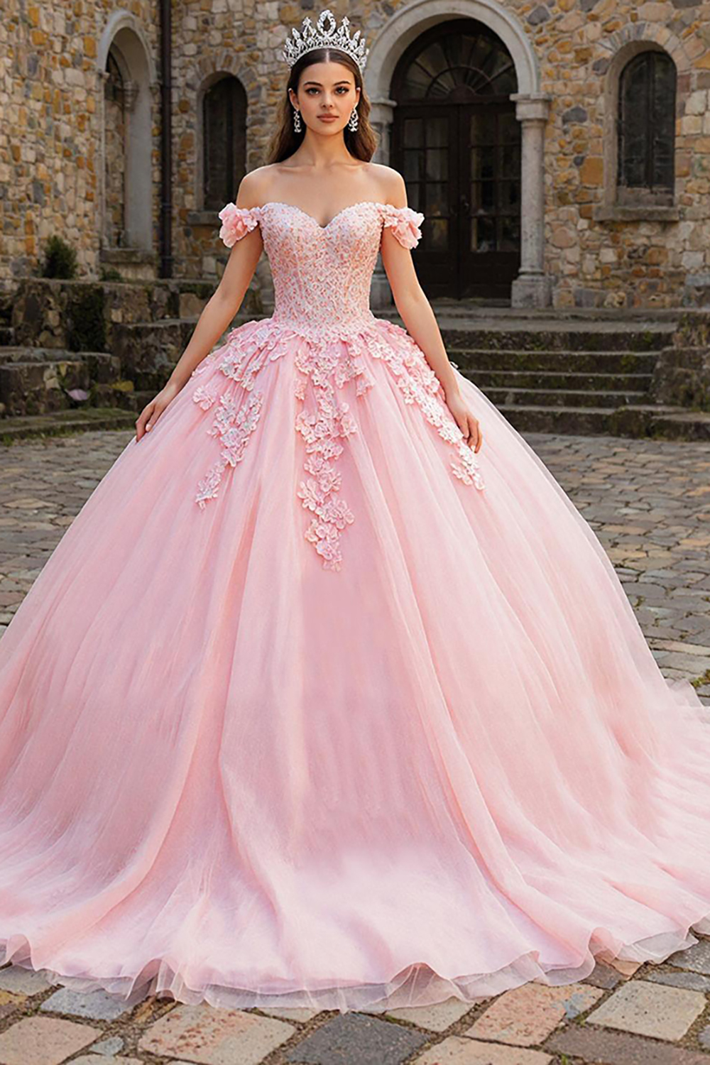 Pink Appliqued  Off the Shoulder Tulle Princess Quinceanera Dress with Bow
