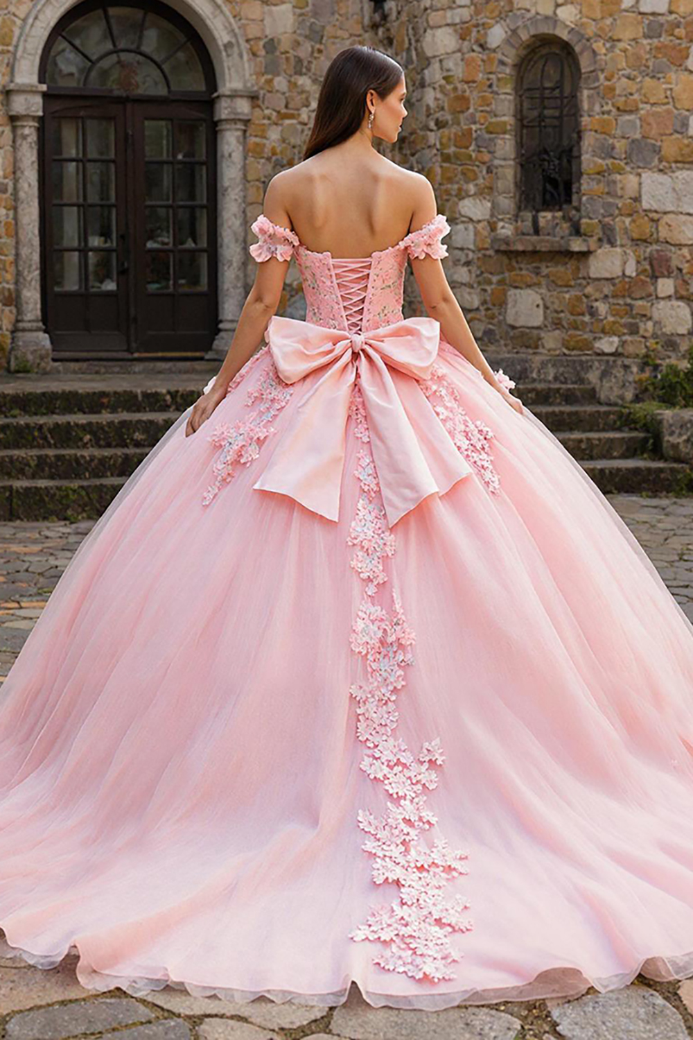 Pink Appliqued  Off the Shoulder Tulle Princess Quinceanera Dress with Bow