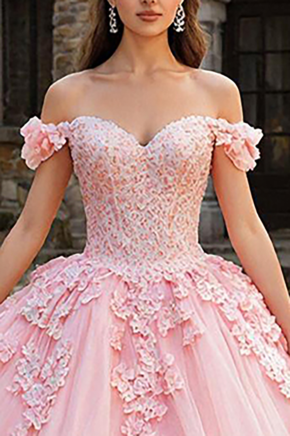 Pink Appliqued  Off the Shoulder Tulle Princess Quinceanera Dress with Bow