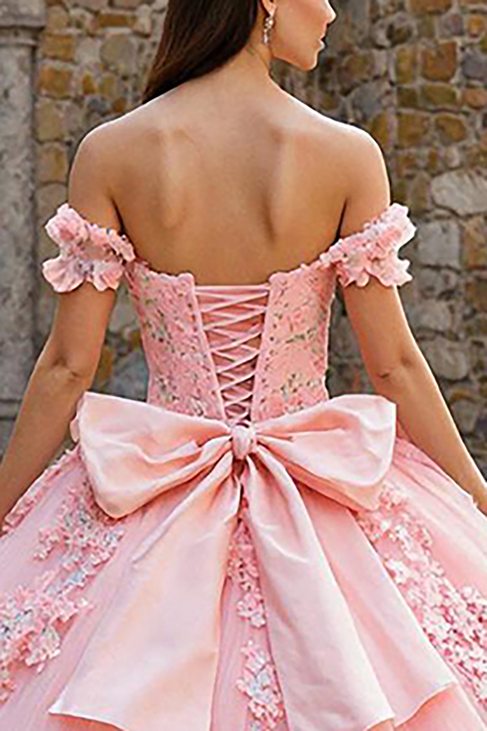 Pink Appliqued  Off the Shoulder Tulle Princess Quinceanera Dress with Bow