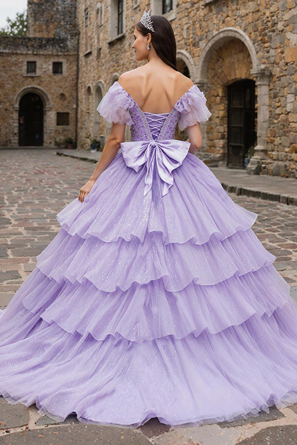 Sparkly Lilac Off the Shoulder Tulle Tiered Ball Gown Quinceanera Dress with Bow