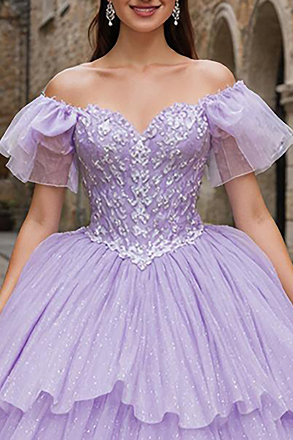 Sparkly Lilac Off the Shoulder Tulle Tiered Ball Gown Quinceanera Dress with Bow
