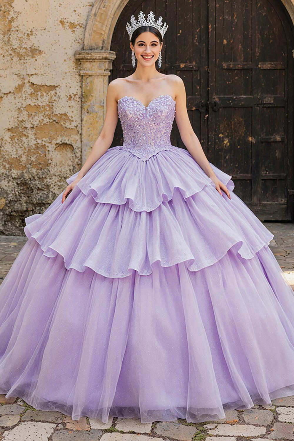 Sparkly Lilac Princess Sweetheart Tulle Tiered Quinceanera Dress with Appliques
