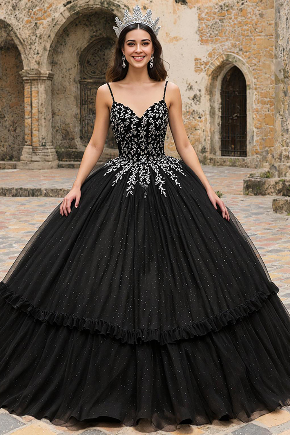 Black Spaghetti Straps Tulle Ball Gown Long Quinceanera Dress with Appliques