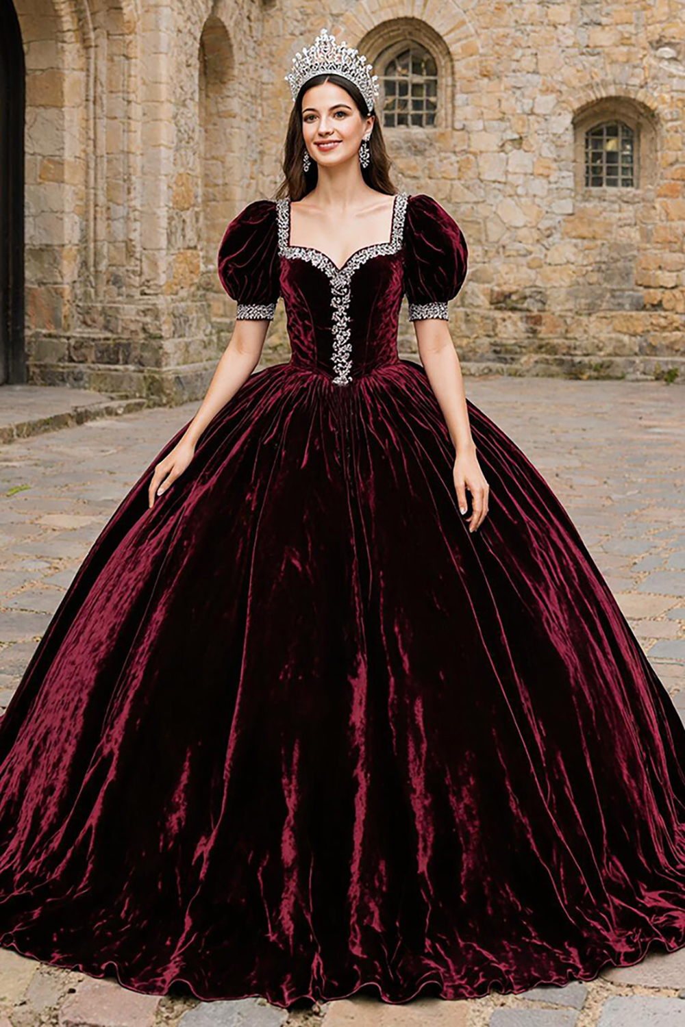 Sparkly Burgundy Velevt Square Neck Princess Beaded Quinceanera Dress with Sleeves