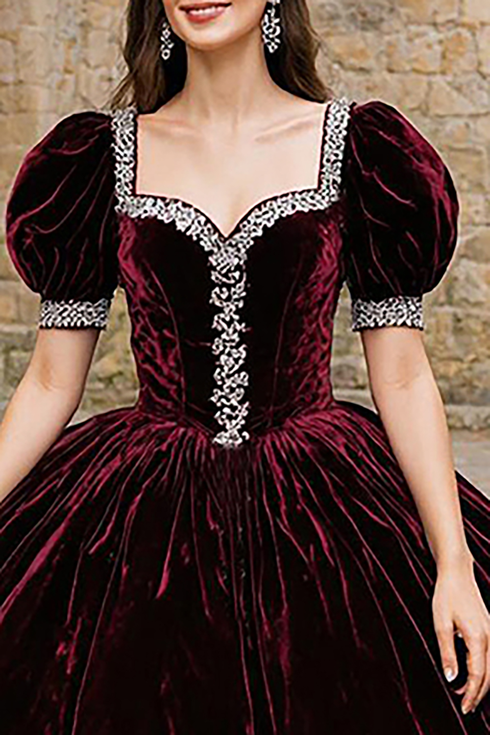 Sparkly Burgundy Velevt Square Neck Princess Beaded Quinceanera Dress with Sleeves