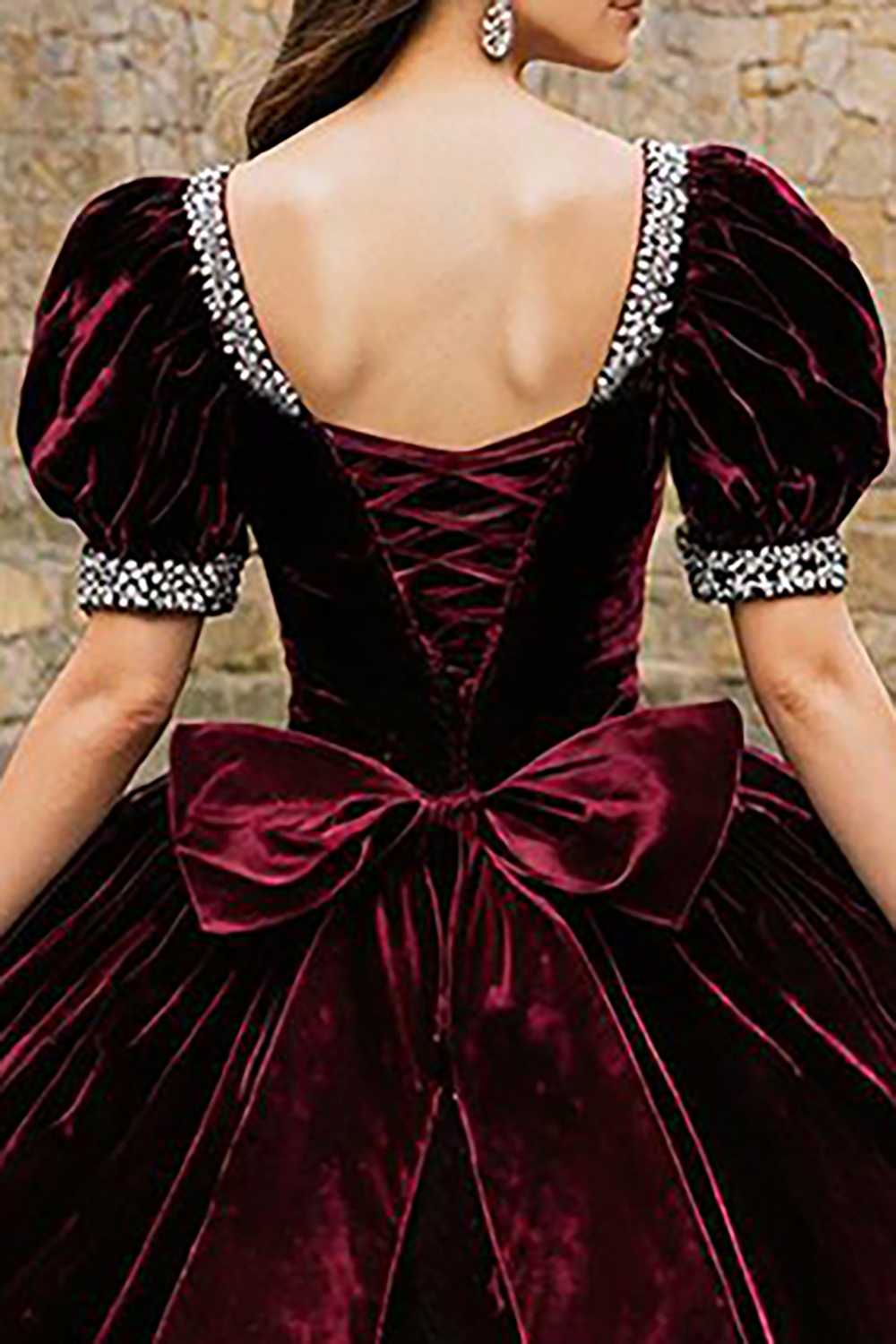 Sparkly Burgundy Velevt Square Neck Princess Beaded Quinceanera Dress with Sleeves