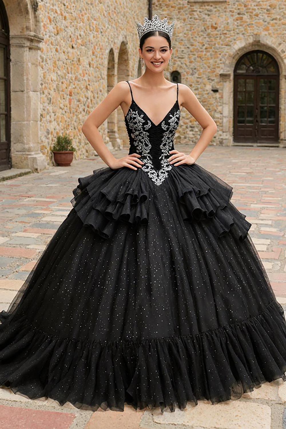 Sparkly Black Tulle Ruffled Ball Gown Spaghetti Straps Quinceanera Dress with Appliques