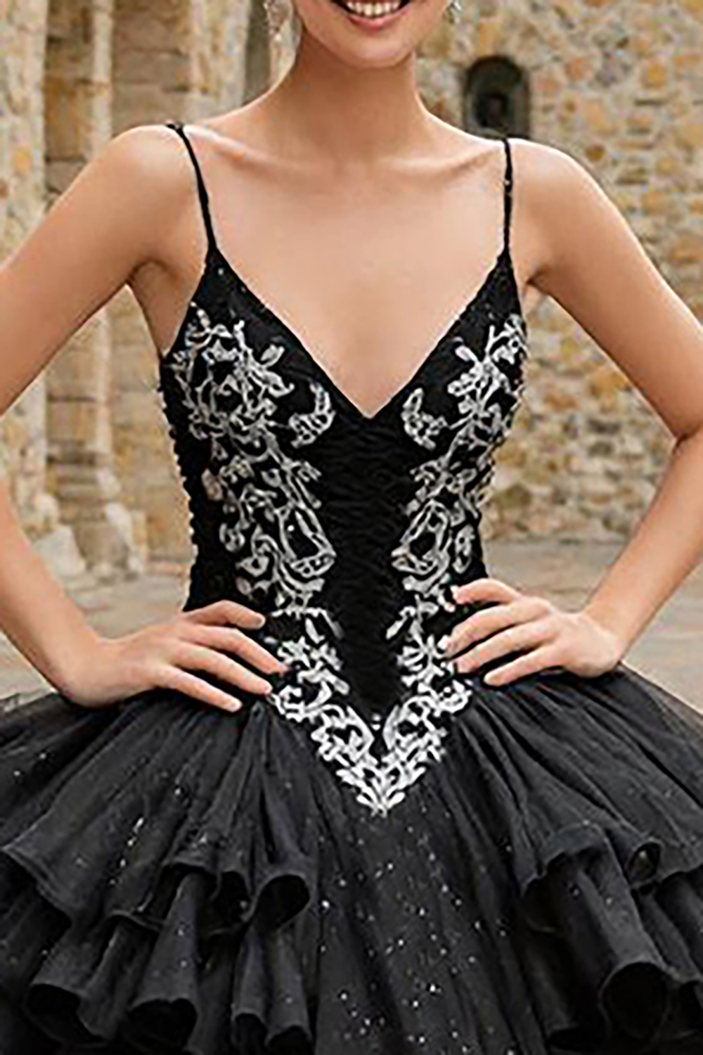 Sparkly Black Tulle Ruffled Ball Gown Spaghetti Straps Quinceanera Dress with Appliques