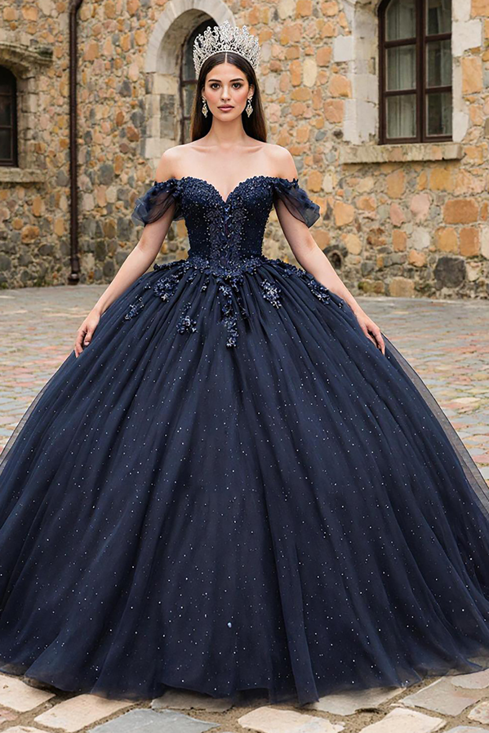 Sparkly Navy Tulle Off the Shoulder Princess Ball Gown Quinceanera Dress with Beading
