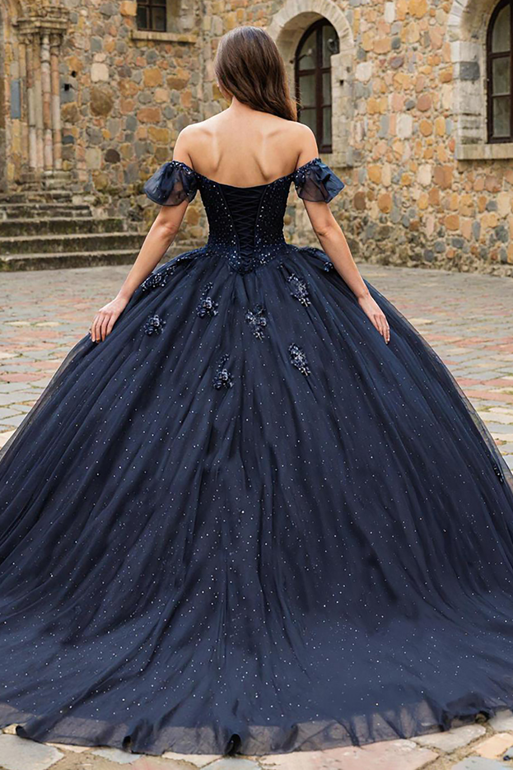 Sparkly Navy Tulle Off the Shoulder Princess Ball Gown Quinceanera Dress with Beading