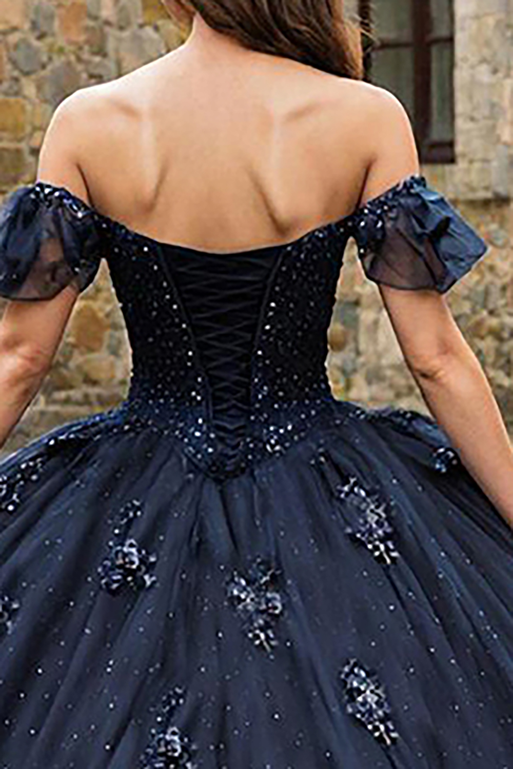 Sparkly Navy Tulle Off the Shoulder Princess Ball Gown Quinceanera Dress with Beading