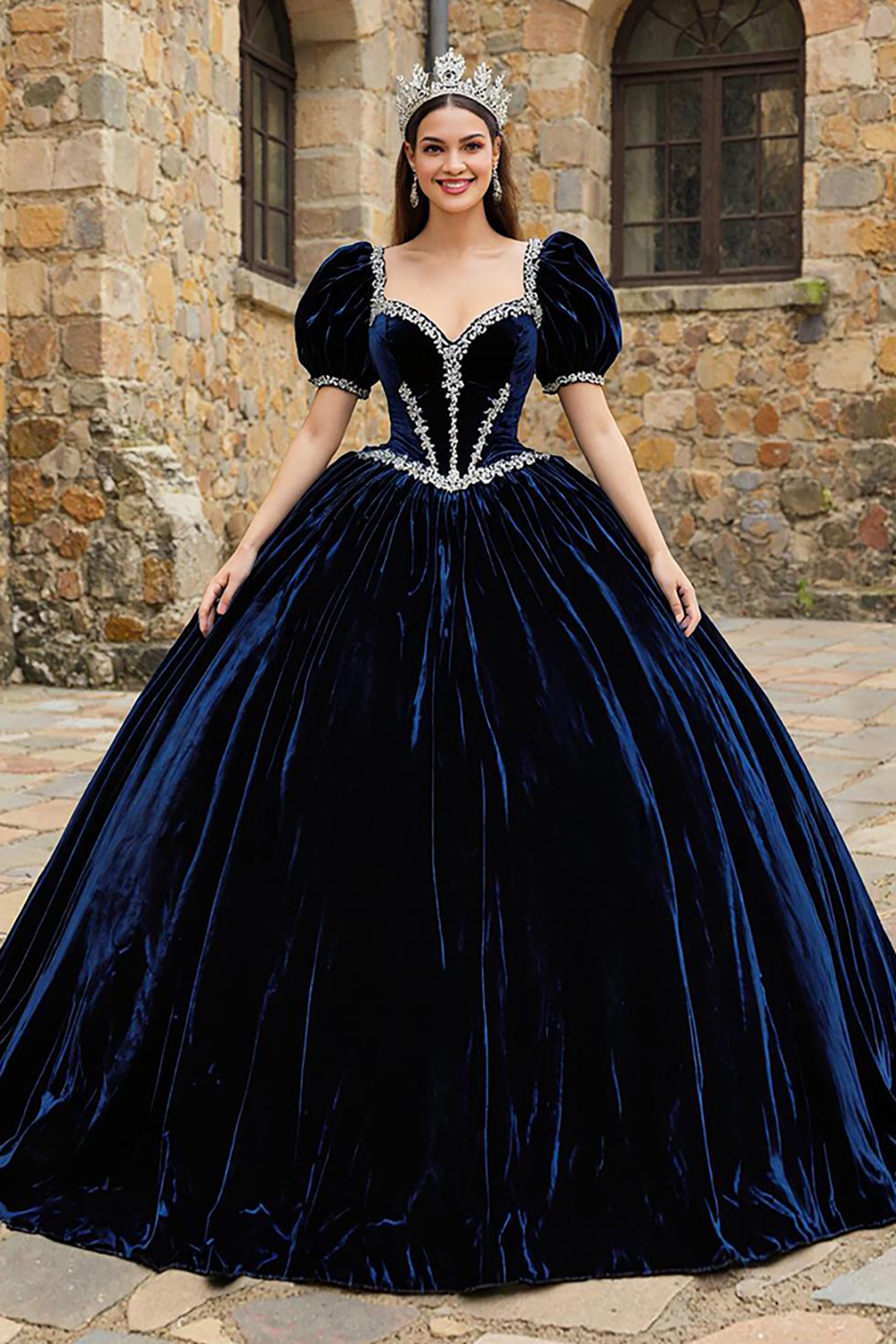 Navy Velvet Sweetheart Ball Gown Puff Sleeves Quinceanera Dress with Appliques