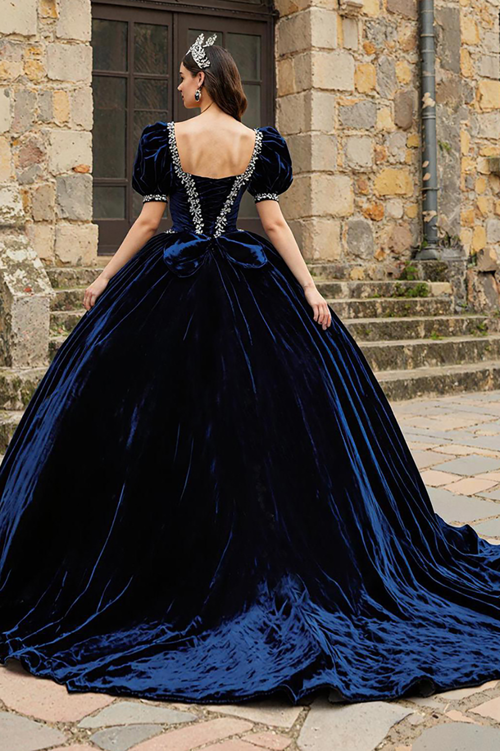 Navy Velvet Sweetheart Ball Gown Puff Sleeves Quinceanera Dress with Appliques