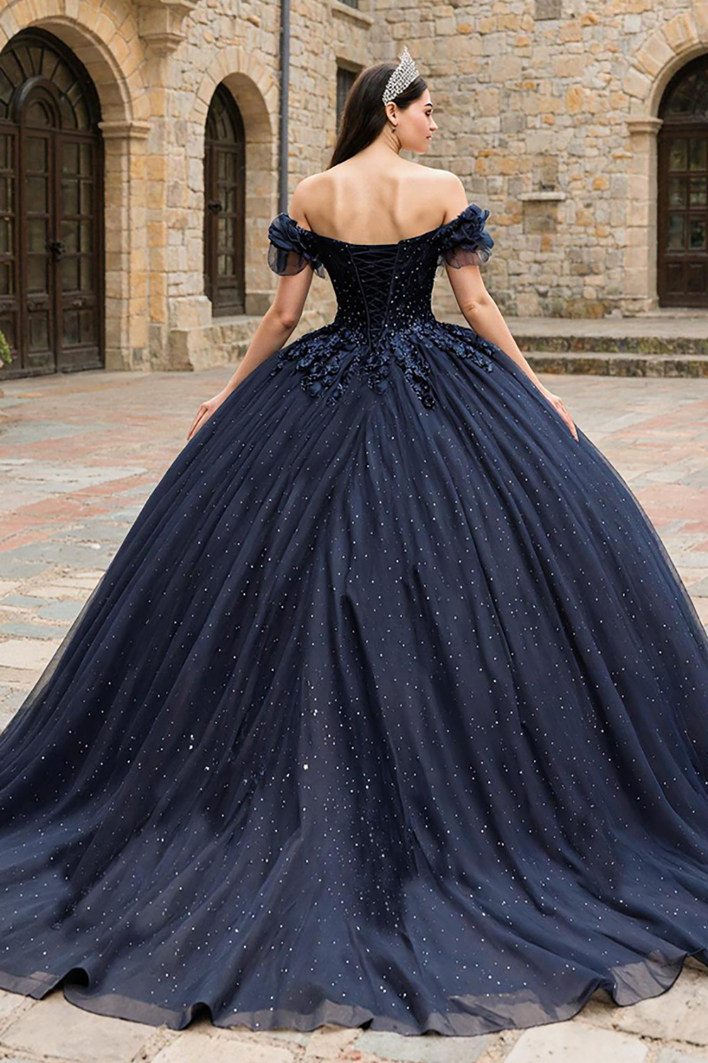Sparkly Navy Ball GownPrincess Off the Shoulder Tulle Corset Quinceanera Dress with Beading
