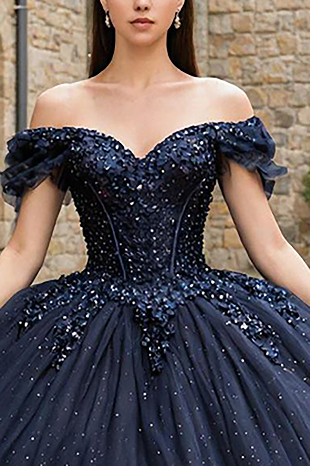 Sparkly Navy Ball GownPrincess Off the Shoulder Tulle Corset Quinceanera Dress with Beading