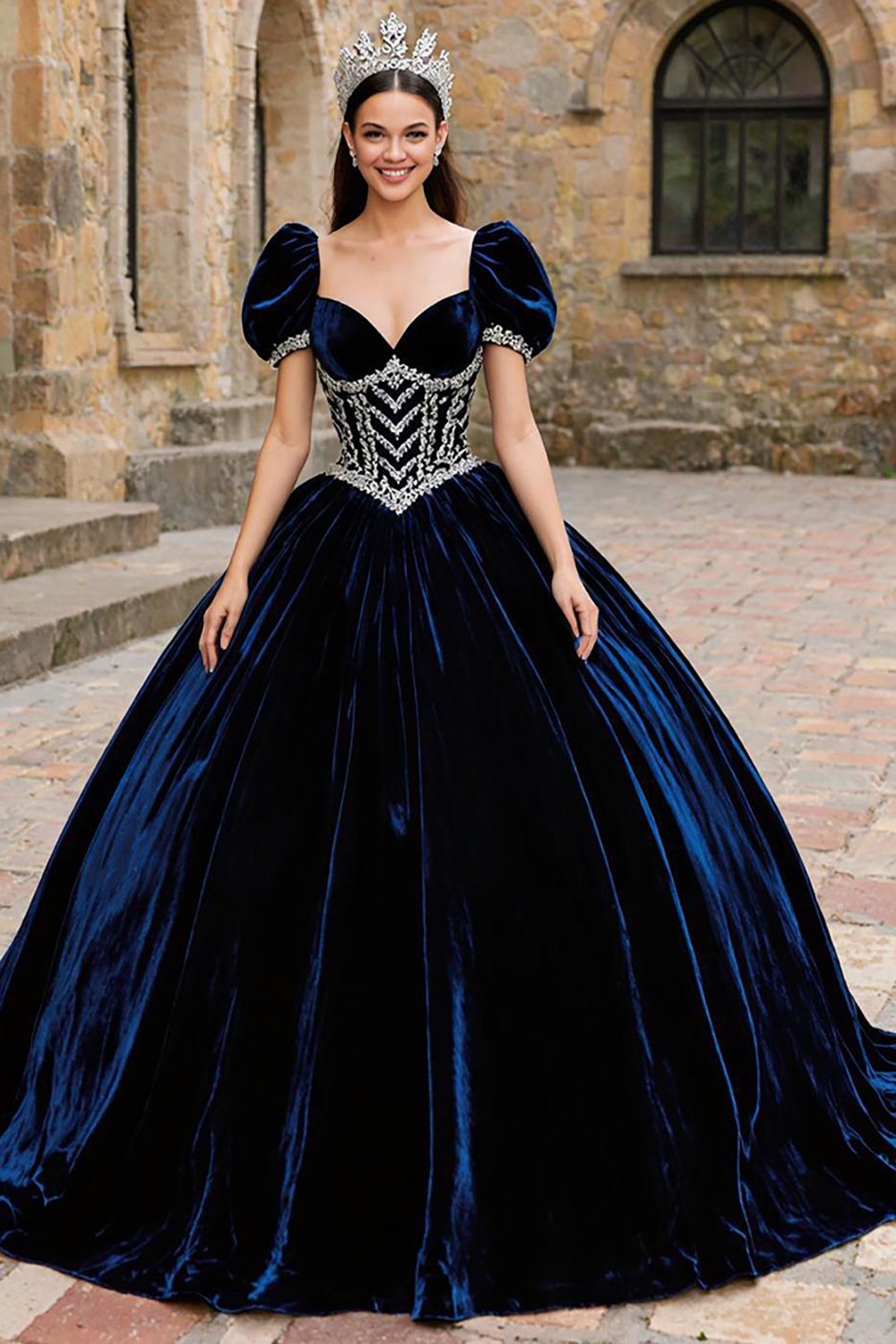 Navy Ball Gown Velvet Sweetheart Puff Sleeves Quinceanera Dress with Appliques