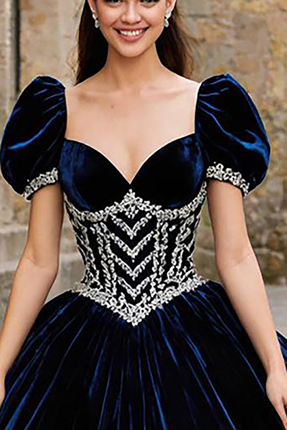 Navy Ball Gown Velvet Sweetheart Puff Sleeves Quinceanera Dress with Appliques