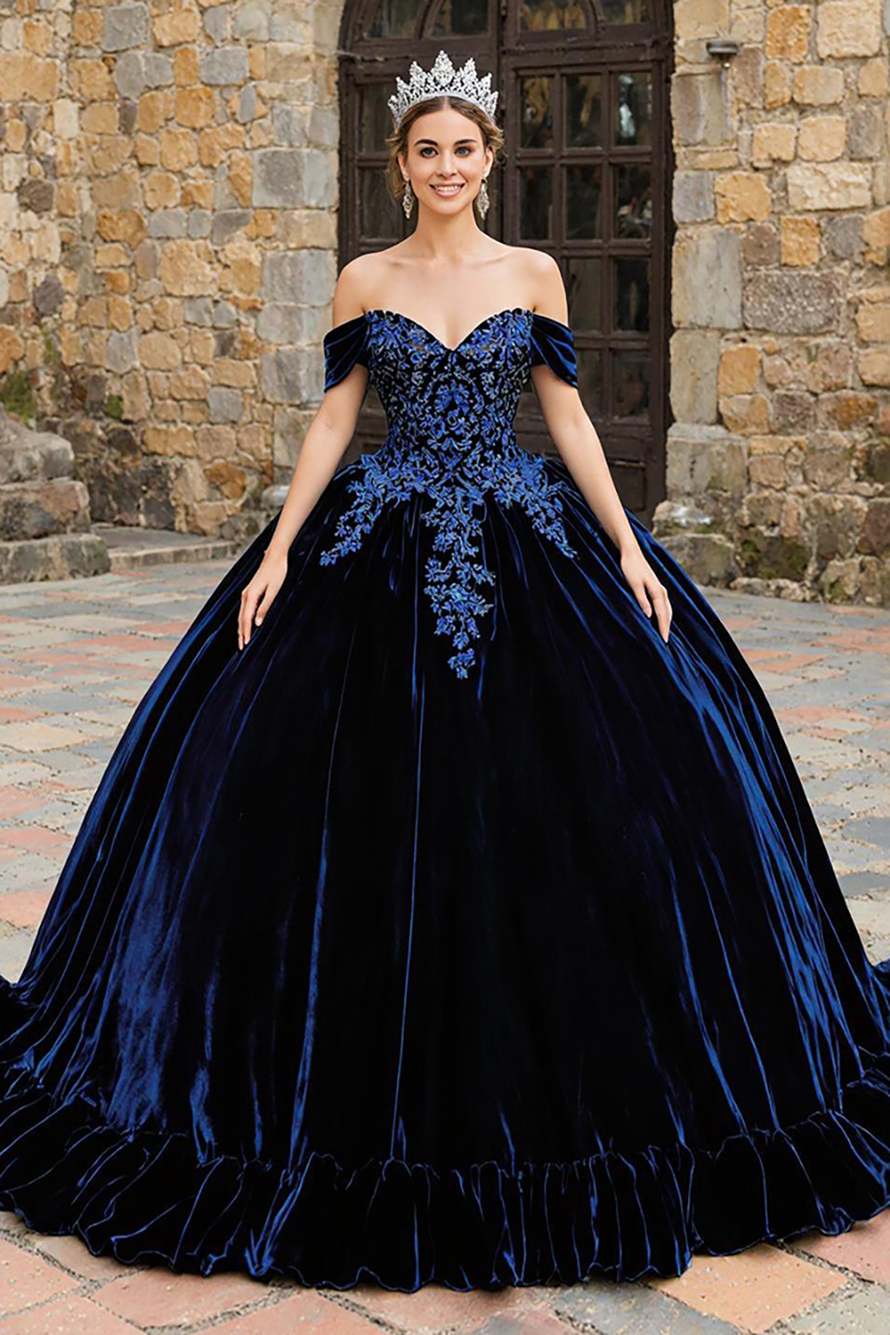Floral Navy Velvet Appliqued Off the Shoulder Princess Quinceanera Dress with Ruffles