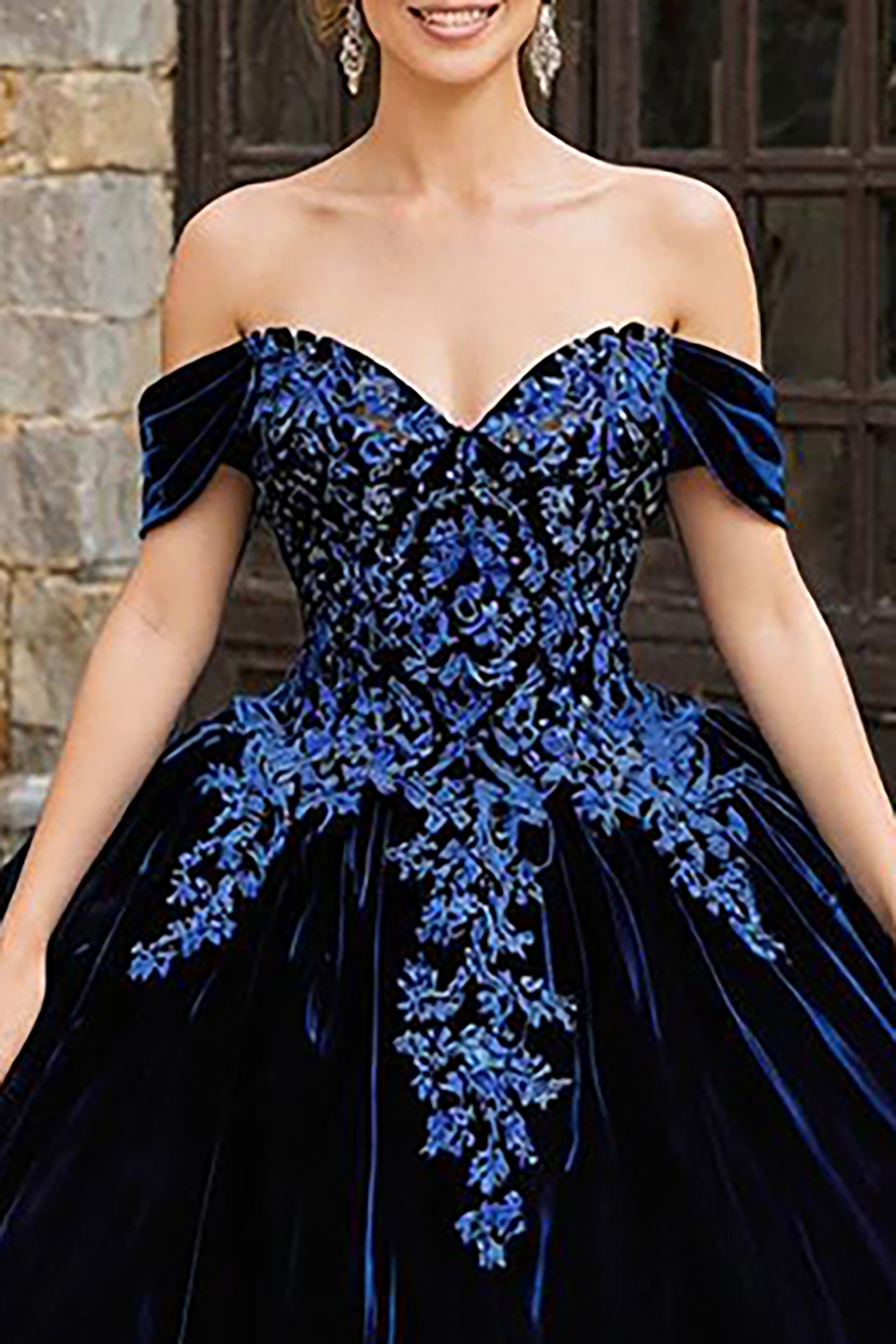 Floral Navy Velvet Appliqued Off the Shoulder Princess Quinceanera Dress with Ruffles