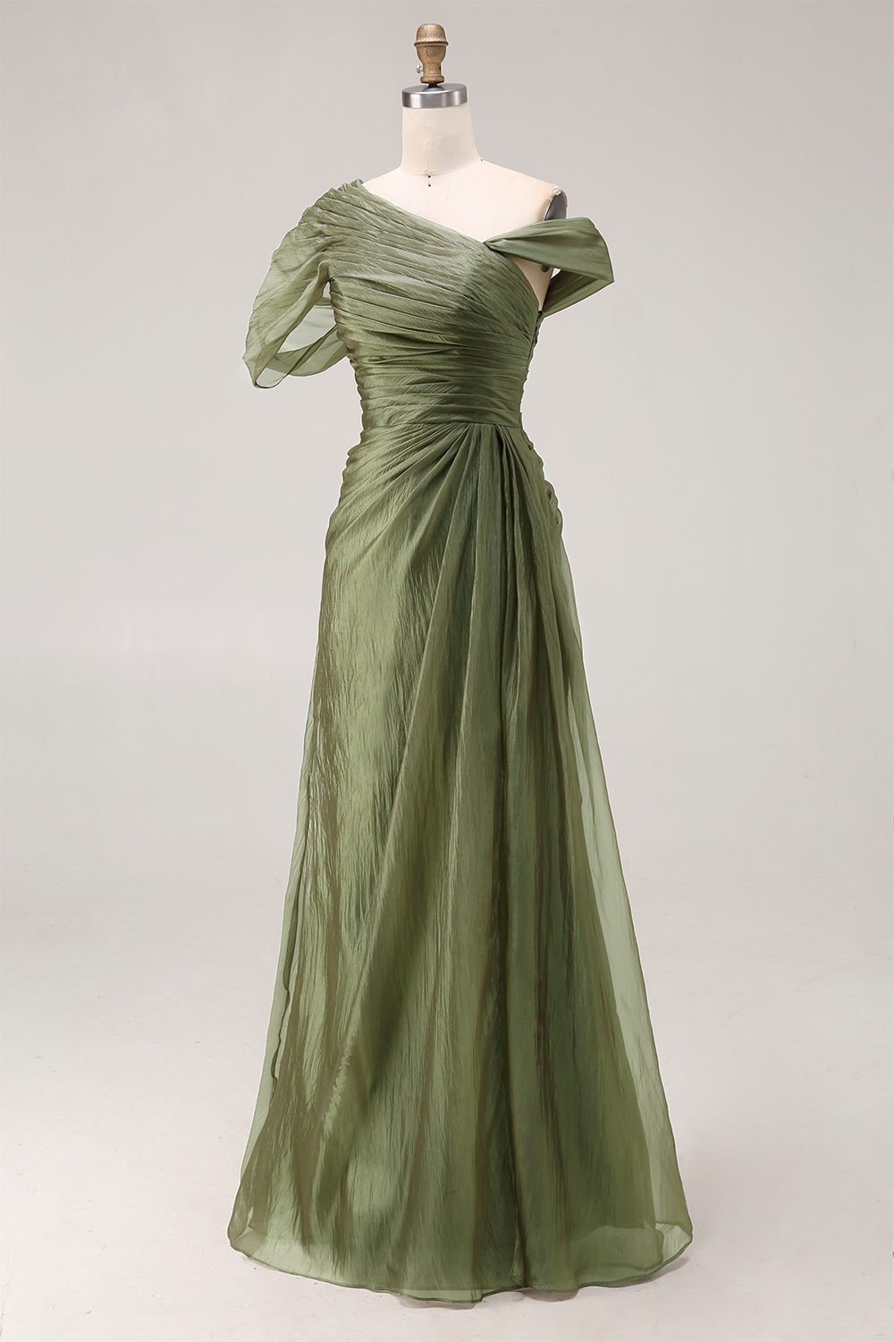 Flowy Dusty Sage One Shoulder Ruched Long Formal Dress with Side Cape