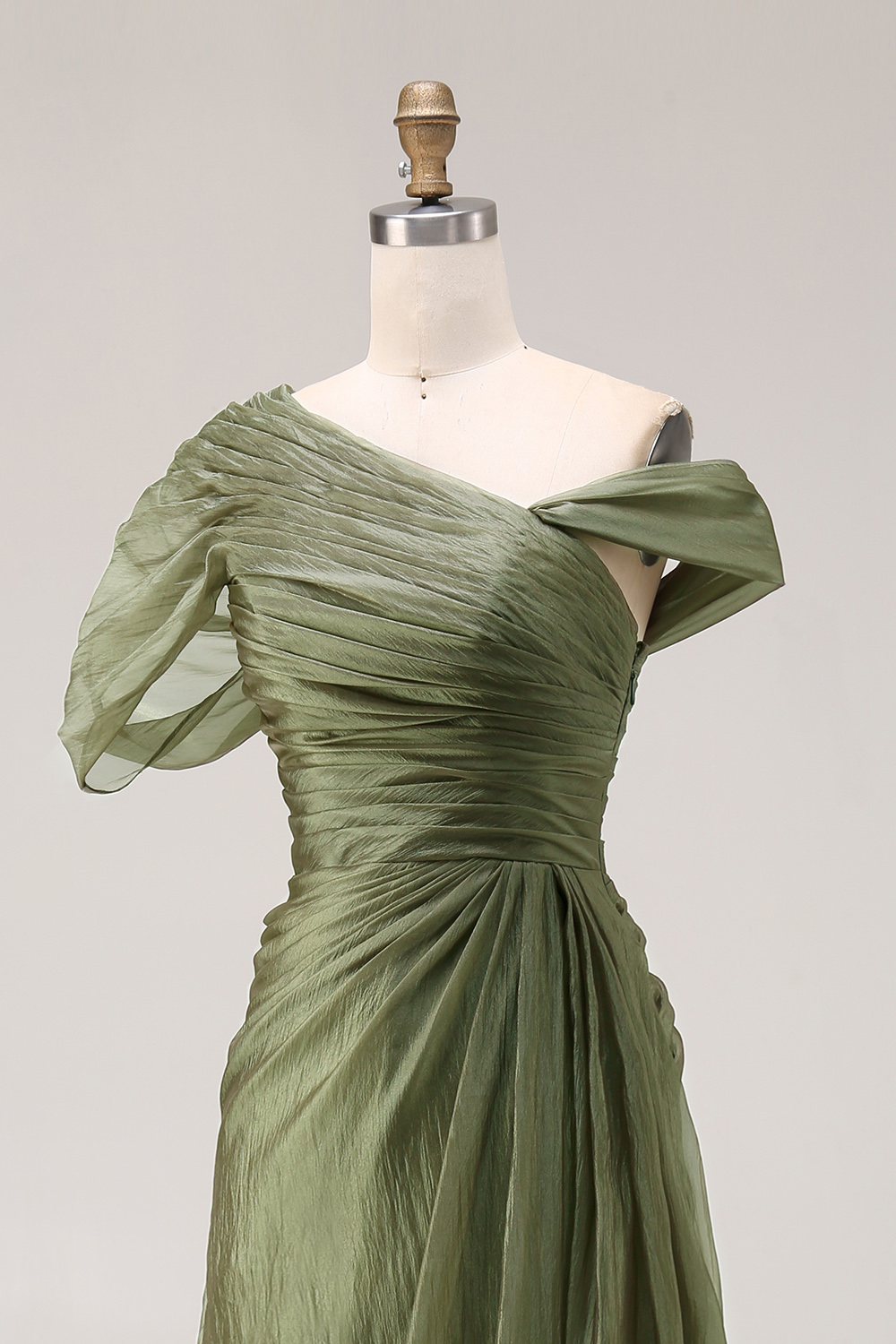 Flowy Dusty Sage One Shoulder Ruched Long Formal Dress with Side Cape