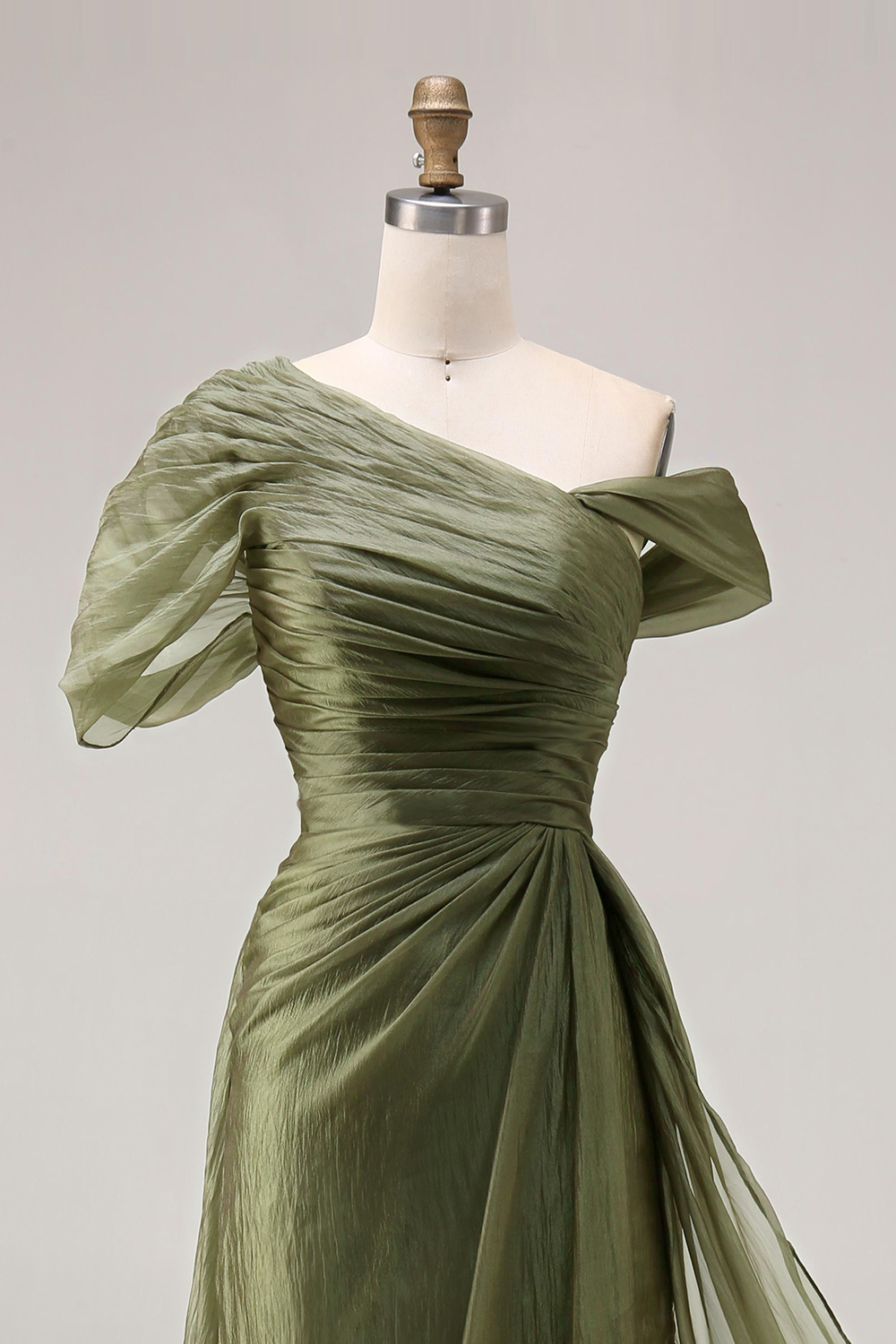 Flowy Dusty Sage One Shoulder Ruched Long Formal Dress with Side Cape