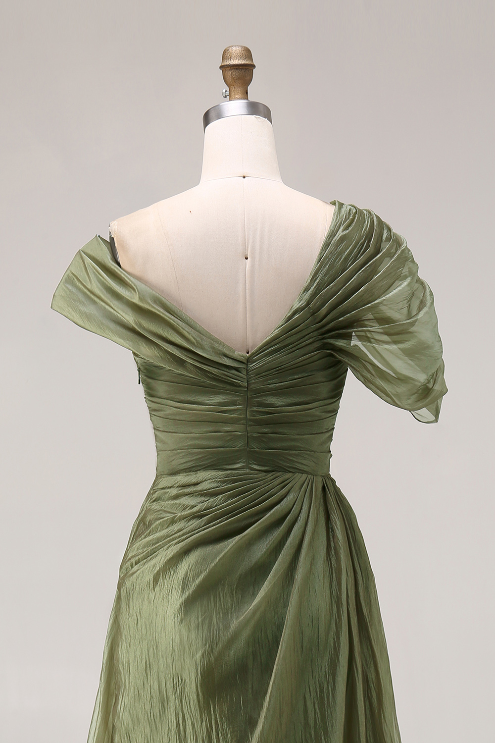 Flowy Dusty Sage One Shoulder Ruched Long Formal Dress with Side Cape