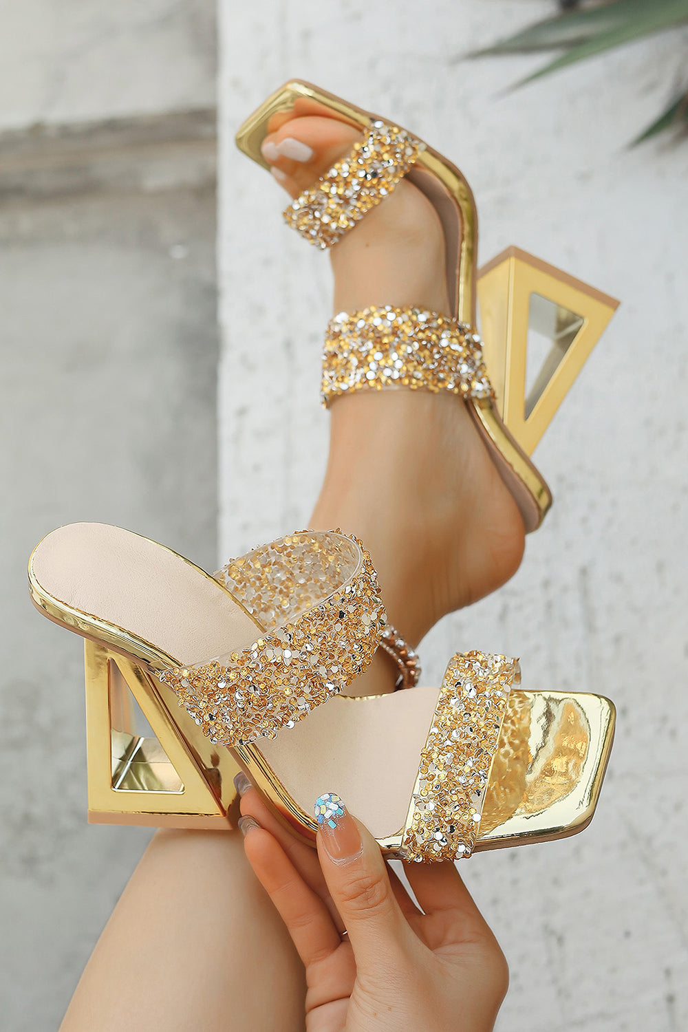Sparkly Golden High Heel Double Strap Chunky Sandals