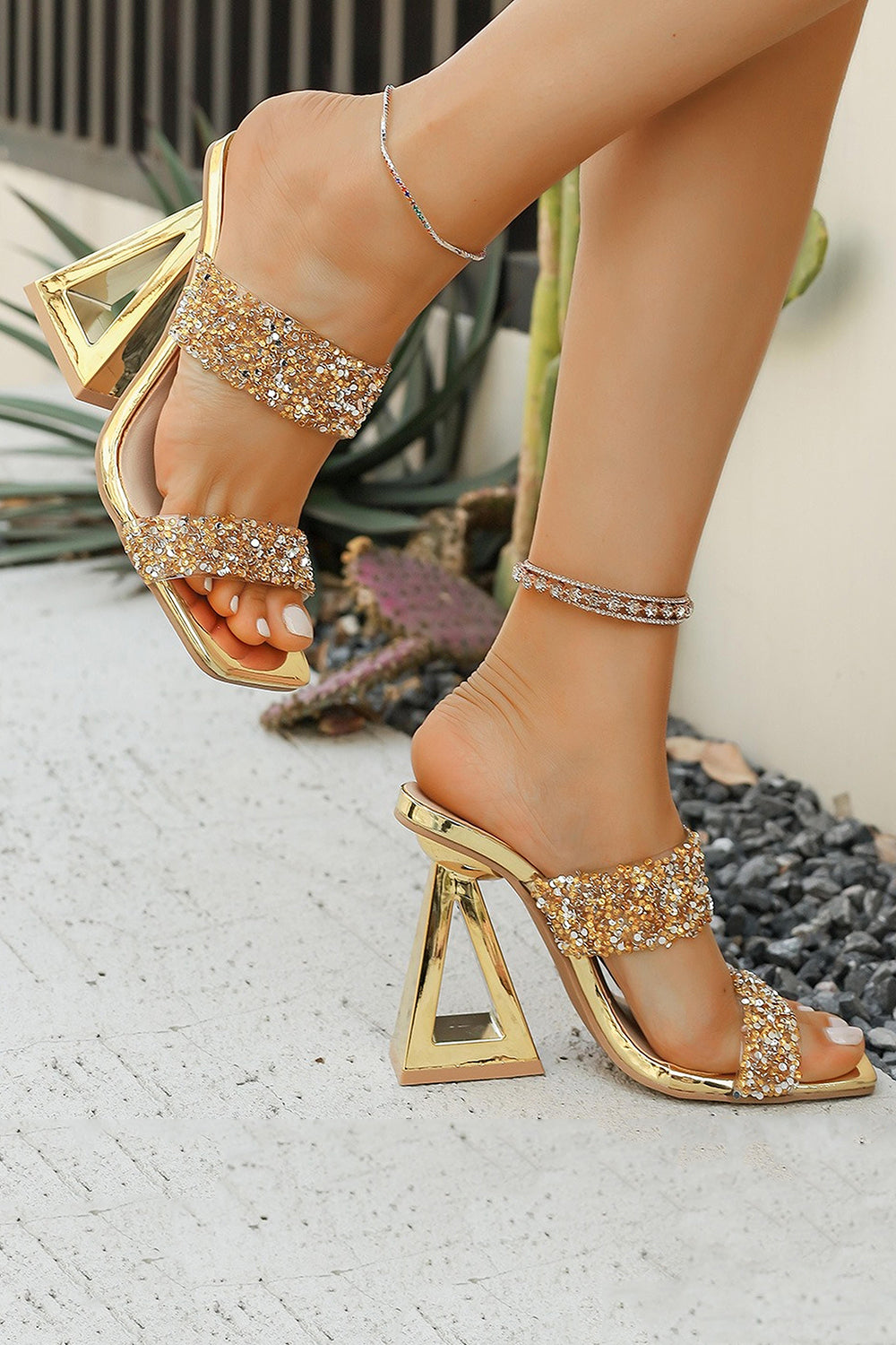 Sparkly Golden High Heel Double Strap Chunky Sandals