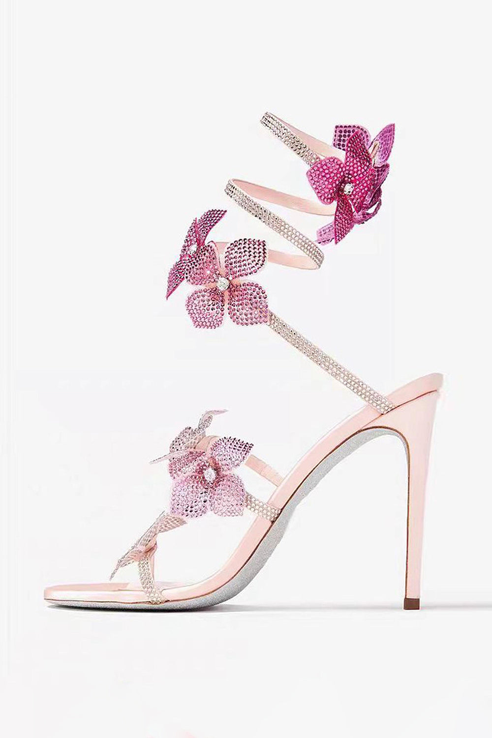 Sparkly Pink Beaded Floral Wrap Up Strappy Gladiator High Heeled Sandals